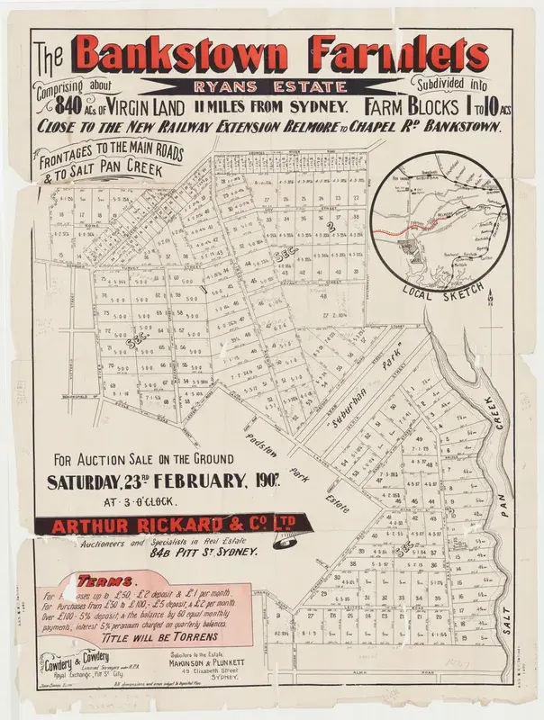 Original 1907 auction poster for The Bankstown Farmlets, advertising the subdivision of Ryans Estate into farm blocks of 1 to 10 acres by Arthur Rickard and Co Ltd. The poster includes a detailed lot map showing streets including Bryant Street, Salt Pan Creek and the Georges River, with the auction scheduled for Saturday 23rd February 1907. Source: State Library of NSW.