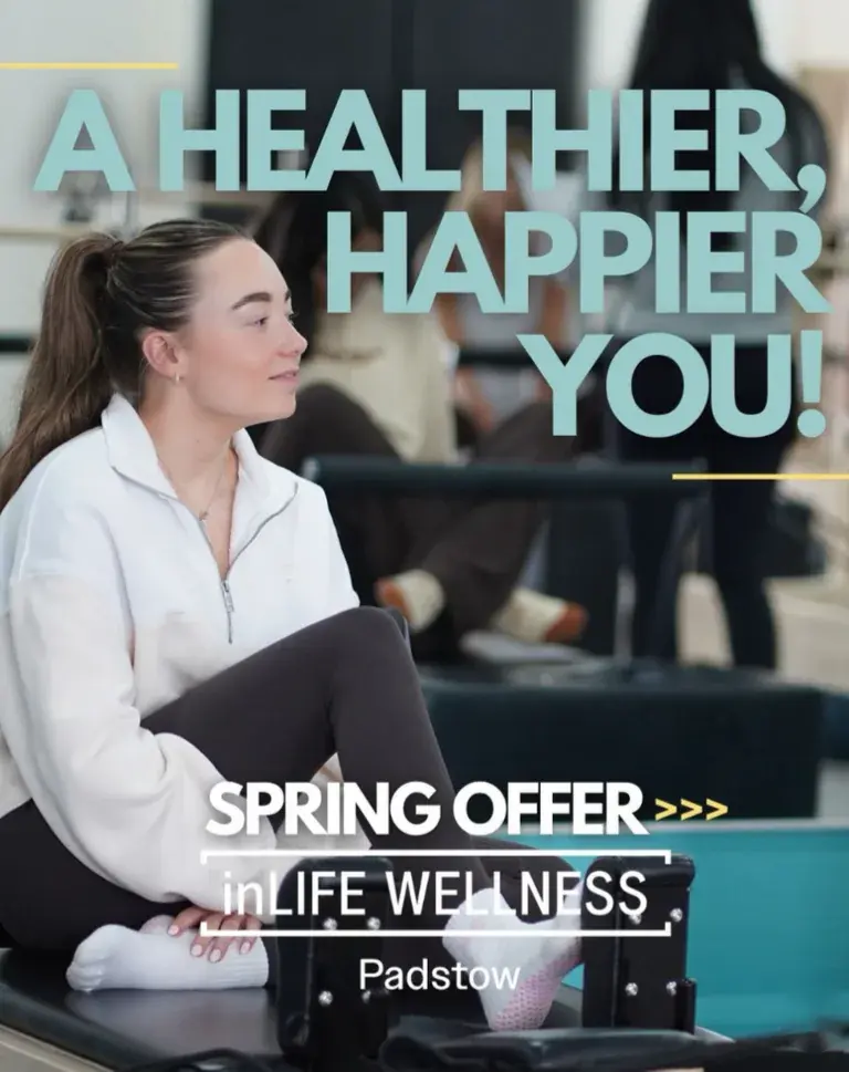 Member seated on a Reformer Pilates machine at inLIFE Wellness Padstow with Spring Offer text