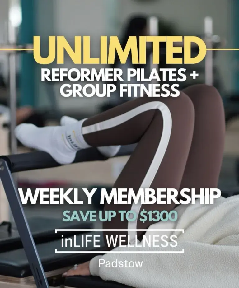 Reformer Pilates class at inLIFE Wellness Padstow promoting the Unlimited weekly membership
